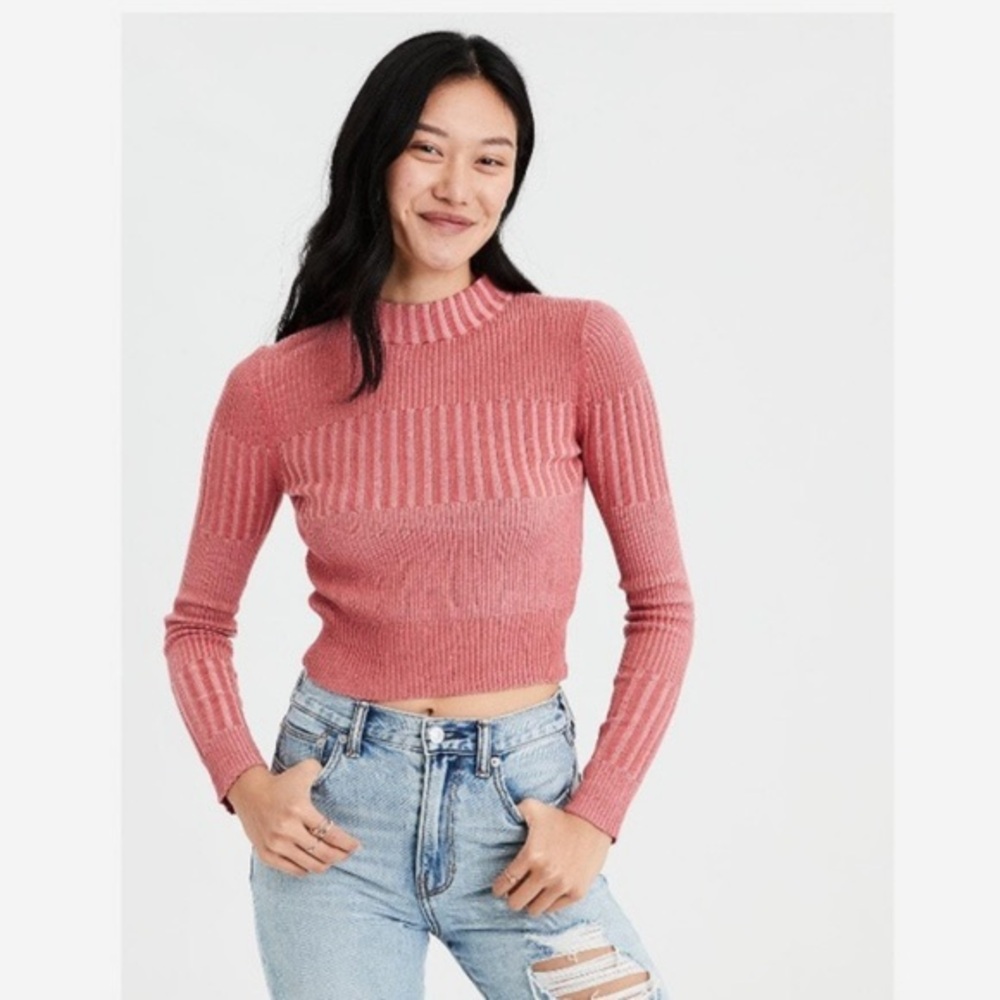 Pink American Eagle Mockneck Ribbed Sweater D27